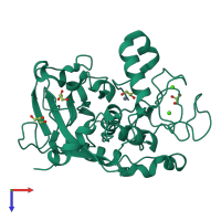 Monomeric assembly 1 of PDB entry 6r7v coloured by chemically distinct molecules, top view.