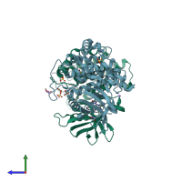 PDB entry 6rch coloured by chain, side view.