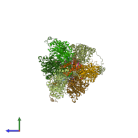 PDB entry 6rdg coloured by chain, side view.
