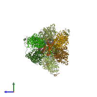 PDB entry 6rdp coloured by chain, side view.