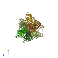 PDB entry 6rea coloured by chain, side view.