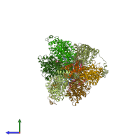PDB entry 6reu coloured by chain, side view.
