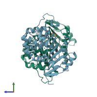 PDB entry 6rj7 coloured by chain, side view.