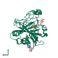 PDB entry 6rl9 coloured by chain, side view.
