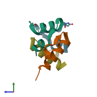 PDB entry 6rlx coloured by chain, side view.