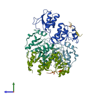 PDB entry 6rmm coloured by chain, side view.