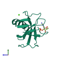 PDB entry 6rnt coloured by chain, side view.