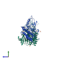 PDB entry 6ruu coloured by chain, side view.