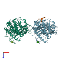 PDB entry 6rv9 coloured by chain, top view.