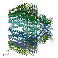 PDB entry 6rvs coloured by chain, side view.