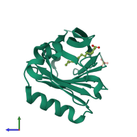 PDB entry 6rwp coloured by chain, side view.