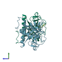 PDB entry 6ry4 coloured by chain, side view.