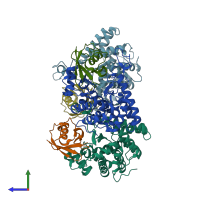 PDB entry 6rya coloured by chain, side view.