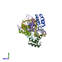 PDB entry 6ryi coloured by chain, side view.