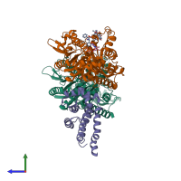 PDB entry 6rzb coloured by chain, side view.