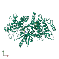 Homo dimeric assembly 1 of PDB entry 6s1f coloured by chemically distinct molecules, front view.