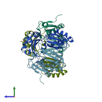 PDB entry 6slo coloured by chain, side view.