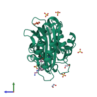 PDB entry 6sp6 coloured by chain, side view.