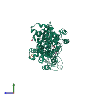 Monomeric assembly 1 of PDB entry 6spo coloured by chemically distinct molecules, side view.