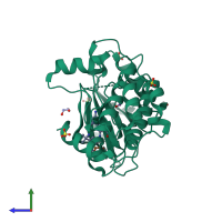 PDB entry 6t29 coloured by chain, side view.