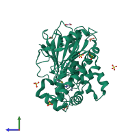 PDB entry 6t2k coloured by chain, side view.