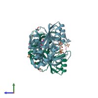 PDB entry 6tak coloured by chain, side view.