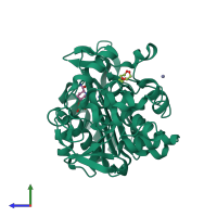 Monomeric assembly 1 of PDB entry 6tbw coloured by chemically distinct molecules, side view.