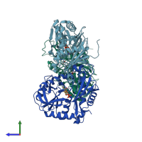 PDB entry 6thq coloured by chain, side view.