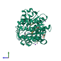 PDB entry 6thv coloured by chain, side view.