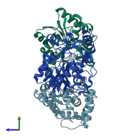 PDB entry 6tj2 coloured by chain, side view.