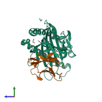 PDB entry 6trn coloured by chain, side view.