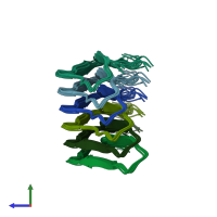PDB entry 6tub coloured by chain, ensemble of 10 models, side view.
