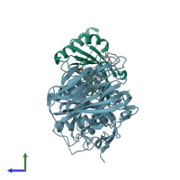 PDB entry 6u26 coloured by chain, side view.