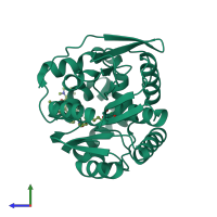 PDB entry 6u32 coloured by chain, side view.