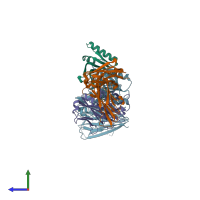 PDB entry 6u38 coloured by chain, side view.