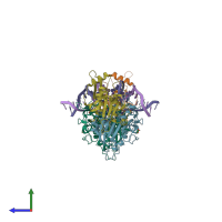 PDB entry 6u90 coloured by chain, side view.