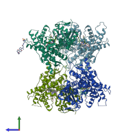 PDB entry 6udm coloured by chain, side view.