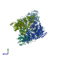 PDB entry 6uek coloured by chain, side view.