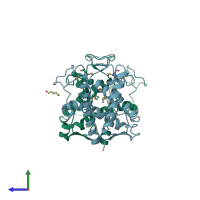 PDB entry 6uha coloured by chain, side view.