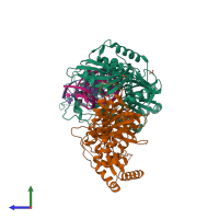 PDB entry 6uis coloured by chain, side view.