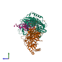 PDB 6ujz coloured by chain and viewed from the side.