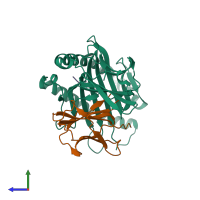 PDB entry 6uli coloured by chain, side view.