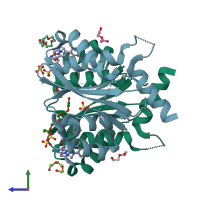 PDB entry 6um8 coloured by chain, side view.
