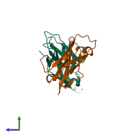 PDB entry 6umt coloured by chain, side view.