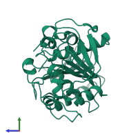 PDB entry 6unv coloured by chain, side view.