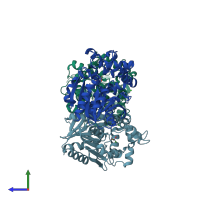 PDB entry 6unw coloured by chain, side view.