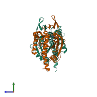 PDB entry 6upr coloured by chain, side view.