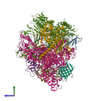 PDB entry 6upx coloured by chain, side view.