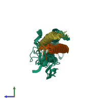 PDB entry 6ut2 coloured by chain, ensemble of 10 models, side view.