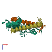 PDB entry 6ut2 coloured by chain, ensemble of 10 models, top view.